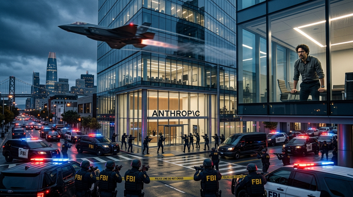 Sede de Anthropic rodeada por agentes del FBI con un caza militar estadounidense sobrevolando el edificio; dentro, el CEO observa preocupado.